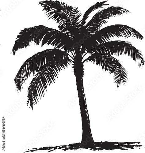 Palm Tree with Curved Trunk Trunk bending gracefully to one side, with fronds arching outward at the top. full length silhouette black vector illustration