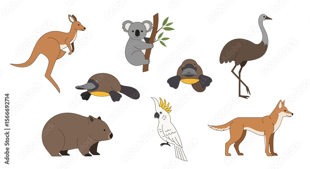 Fototapeta premium Vector australian wildlife animals illustration featuring kangaroo koala emu platypus wombat dingo and cockatoo
