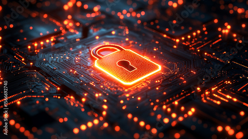 Glowing lock on circuit board, data security