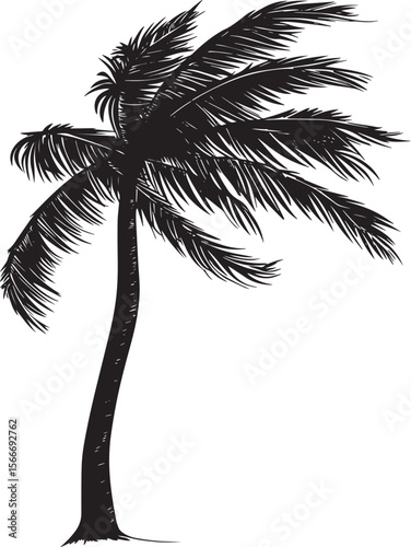 Windblown Palm Tree A vertical trunk with fronds bending and fluttering in the wind, creating an elegant, curved silhouette. Full-length silhouette black vector illustration.