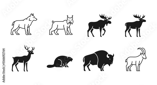Vector wildlife animal silhouettes vector illustration featuring wolf lynx moose deer beaver bison and mountain goat icons