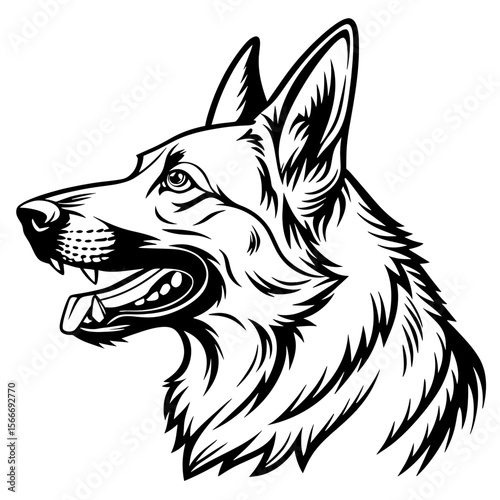 black and white illustration of a german shepherd head facing left