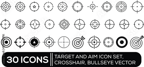 Target and aim icon set, crosshair, bullseye vector, precision, accuracy, and focus icon for aiming, archery, shooting, or navigation
