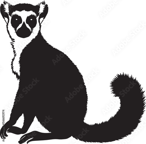 Lemur Alert Body upright with ears perked, tail extended and alert to surroundings. full length silhouette black vector illustration
