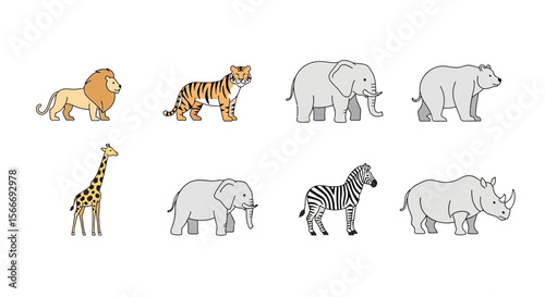 Vector cartoon vector illustration of wild animals lion tiger elephant bear giraffe zebra rhino for kids education