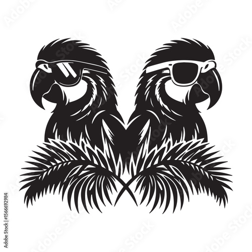 Cool parrots wearing sunglasses with palm leaves tropical vibe