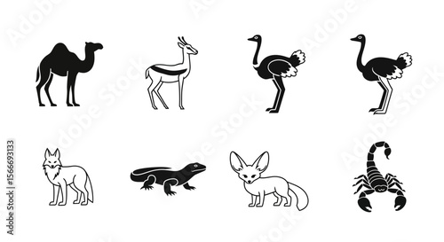 Vector explore desert wildlife vector icons: camel, gazelle, ostrich, fox, lizard, fennec fox, scorpion icons set