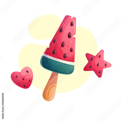 Delicious watermelon ice cream on a stick on a yellow background, triangular piece. The concept of confectionery, baking, cooking. Isolated vector illustration for menu design, posters, banner, covers
