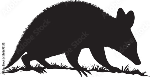 Aardvark Ascending Body elevated slightly, utilizing its claws to climb a mound or small barrier. Full-length silhouette black vector design.