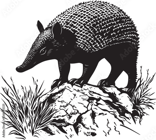 Armadillo Climbing Body slightly upright with legs gripping a surface, climbing over rocks or logs. full length silhouette black vector illustration