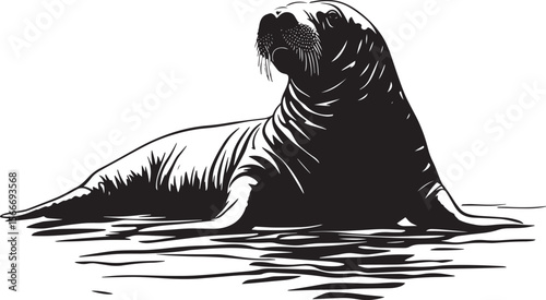 Walrus Basking Body lying on the shore with flippers spread out, soaking up sunlight. full length silhouette black vector illustration