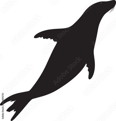 Sea Lion Submerging Body angled downwards with flippers extended, gracefully diving beneath the water's surface. Full-length silhouette black vector design.