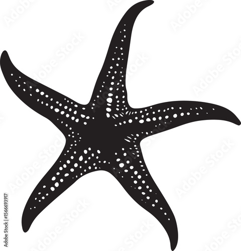 Starfish Moving Along the Ocean Floor Body positioned low with arms extended, slowly crawling across the seabed. Full-length silhouette black vector design.