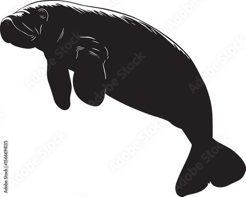 Manatee Floating Body horizontal with flippers relaxed and tail gently propelling through the water. full length silhouette black vector illustration