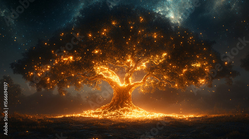 Glowing magical tree at night in a field under starry sky