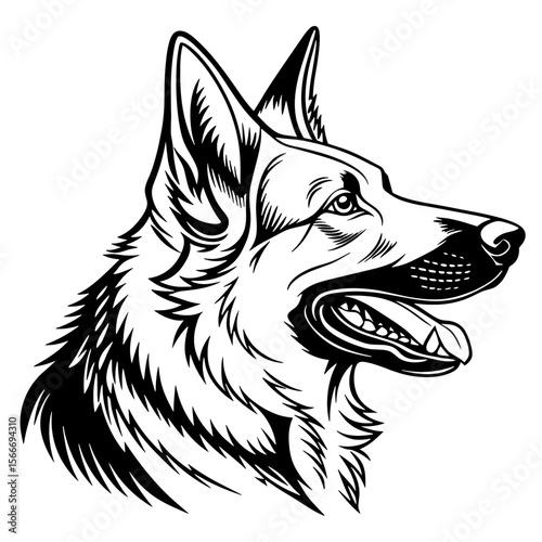 black and white illustration of a german shepherd head facing right