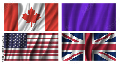 Vector set of pixel mosaic flags of Canada, United States of America, United Kingdom and blank wavy purple banner. Collection of state symbols from pixels