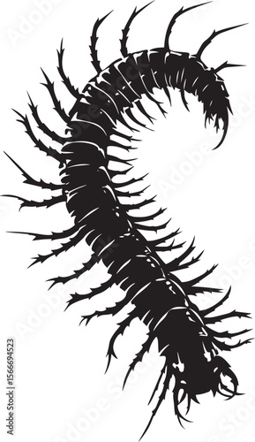 Centipede Hiding Body partially hidden in crevices or under leaves, legs visible. full length silhouette black vector illustration