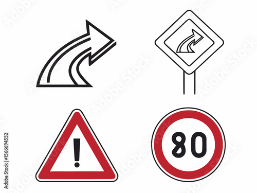 Illustration of road signs indicating a curve ahead, speed limit, and general warning symbol sign