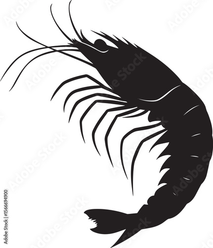 Shrimp Jumping Body arched, tail extended and curled for a quick leap. full length silhouette black vector illustration