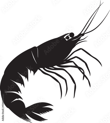 Shrimp in a Resting Position Body motionless with legs tucked underneath and antennae relaxed. Full-length silhouette black vector design.
