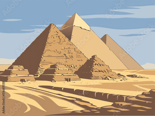 Illustration of several pyramids in a desert landscape under a blue sky with light clouds above them