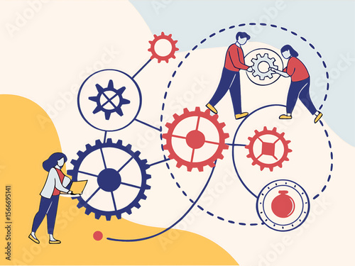 Teamwork and collaboration shown through people interacting with interconnected gears and abstract shapes