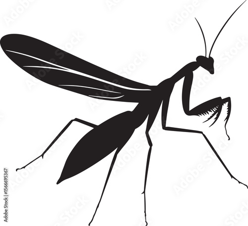 Praying Mantis Flying Wings spread wide with body elongated, legs tucked under, and moving through the air. full length silhouette black vector illustration