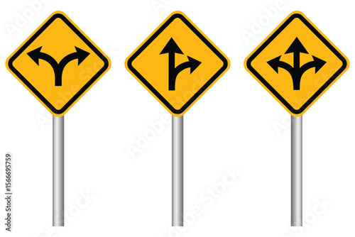 Fork in the road sign, One, Two and three way arrows set. The road splits. Warning yellow diamond road sign. Vector illustration.
