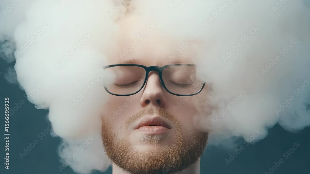 Man engulfed in a cloud of vapor, eyes closed, peaceful expression, contemplative mood, contemplative man, vapor cloud, smoke, mysterious, surreal, enigmatic, thought, thinking, mind, mental health.