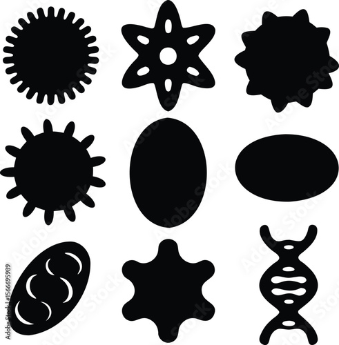 Set of virus and microbe icons including bacteria and DNA strands