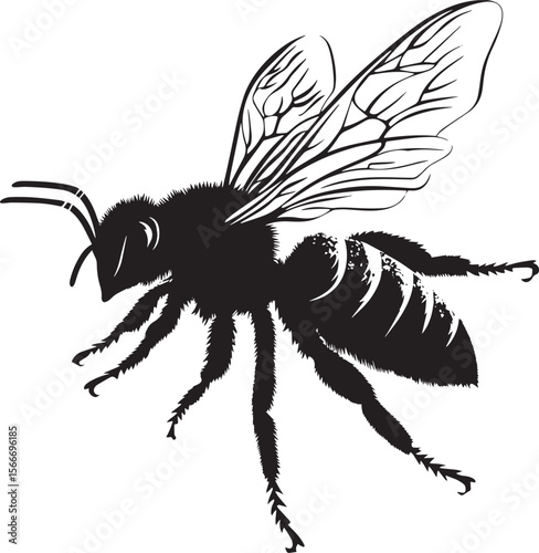 Bee Flying Wings spread and rapidly flapping with legs tucked under the body, flying through the air. full length silhouette black vector illustration