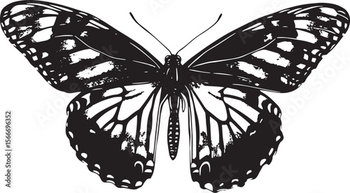 Butterfly Resting with Wings Open Wings spread wide, body sitting flat against a surface, antennae raised. full length silhouette black vector illustration