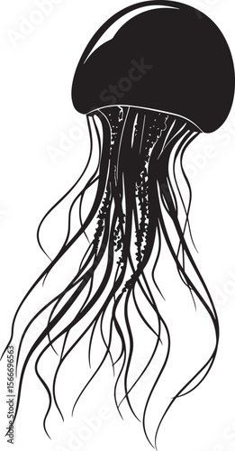Jellyfish lounging still body, bell facing the sea floor, with tentacles dangling softly underneath in a black vector outline.