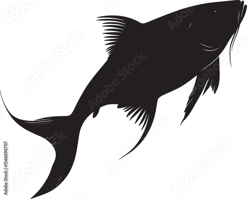 Catfish Turning Body mid-turn with fins angled and tail following through the movement. full length silhouette black vector illustration