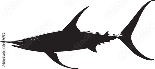 Swordfish Resting Body still in the water with fins relaxed and tail gently curved behind. full length silhouette black vector illustration