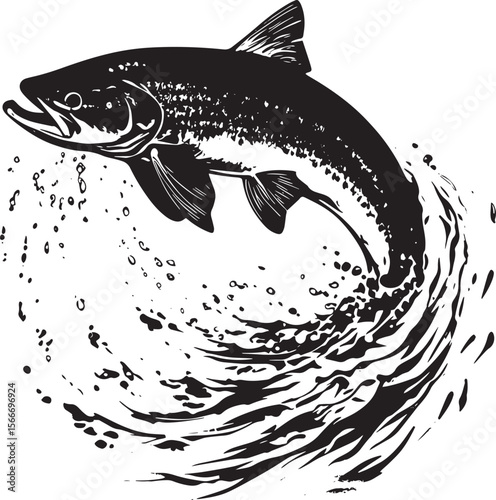 Trout Spawning Body angled in shallow water with fins extended and tail flicking while laying eggs. full length silhouette black vector illustration