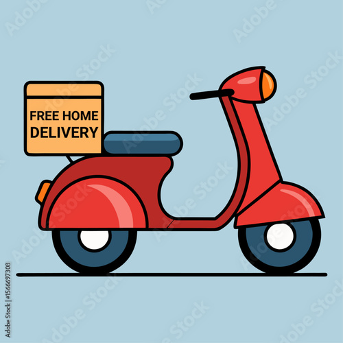 Red scooter with orange box indicating free home delivery service