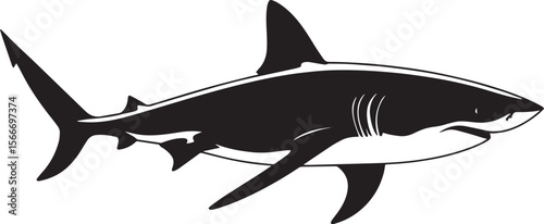 Shark Swimming Body streamlined with tail fin extended and fins spread while moving through water. full length silhouette black vector illustration