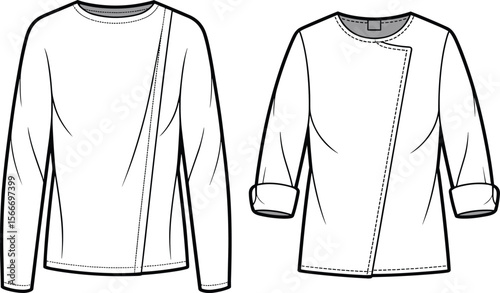 Asymmetrical seam women’s top flat sketch – fashion CAD drawing with long and 3/4 sleeves, round neck tech flat for apparel design and garment spec sheets.