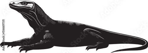 Komodo dragon at rest lying on the ground, legs spread, and head slightly raised in a full-length silhouette.