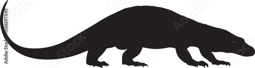 Komodo Dragon Hunting Body low to the ground with head extended forward and tail slightly lifted. full length silhouette black vector illustration