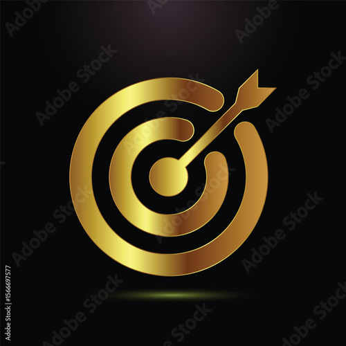 Golden target with arrow hitting the bullseye on a black background
