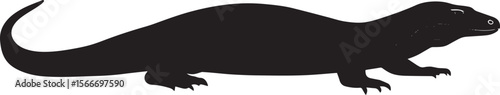 Komodo dragon in repose body settled, legs extended, and tail loosely positioned in a complete silhouette illustration.
