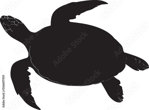 Turtle Resting in Water Floating with only head and upper shell visible, legs relaxed. full length silhouette black vector illustration