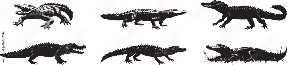 Naklejka premium Crocodile Sunbathing Lying on the bank or surface with mouth open and body extended. full length silhouette black vector illustration