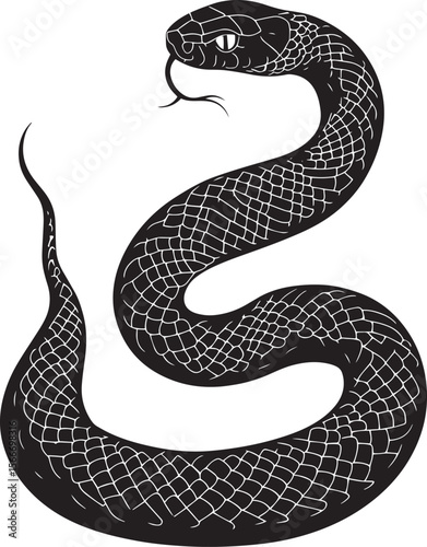 Snake Resting Body still, lying in a relaxed coil or stretched out flat with head low. full length silhouette black vector illustration