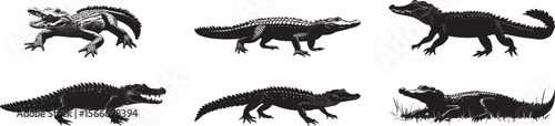 Crocodile Sunbathing Lying on the bank or surface with mouth open and body extended. full length silhouette black vector illustration