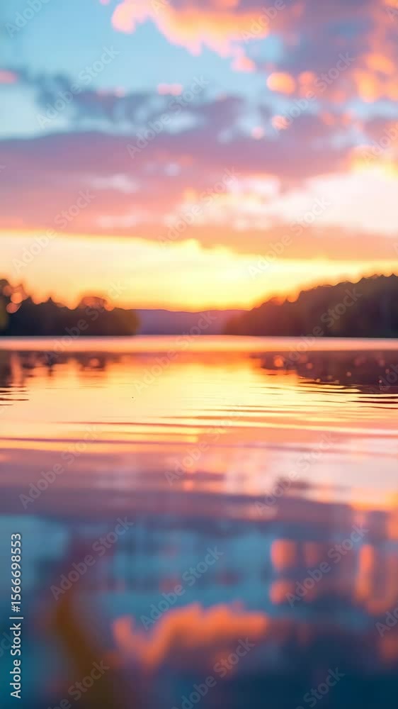 Sunset over calm lake water. The sky is painted with vibrant hues of ...