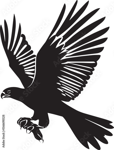 Falcon hunting gripping prey in its talons or beak, body poised either perched or in mid-air in a full-length silhouette.